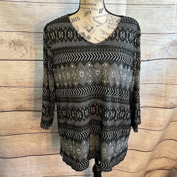 Chico’s Glittery Black Top Metallic 3/4 Sleeves Chicos 3 = XL Silver - Picture 1 of 9